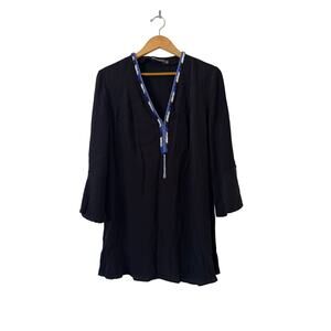 Antik Batik Beaded Mini Dress Size L Black Bell Sleeve Tassel V-Neck Boho Indie